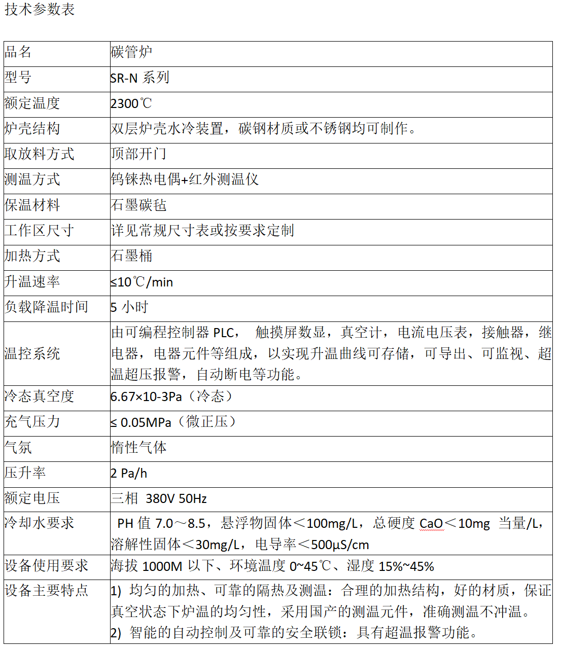 碳管爐技術參數